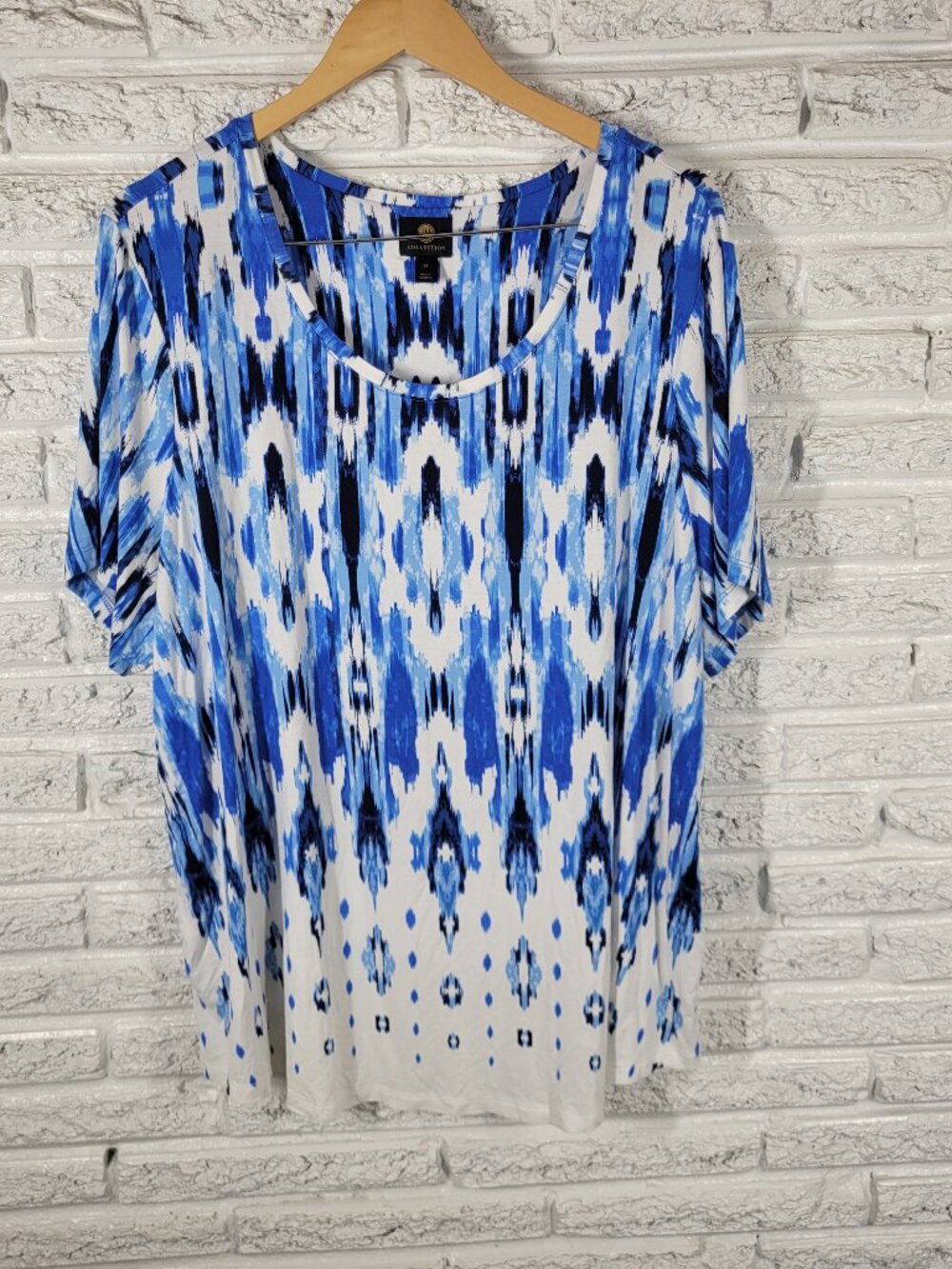 JM Collection Blue White Watercolor Tee Women 3X Plus Short Sleeve Tunic WAT103E